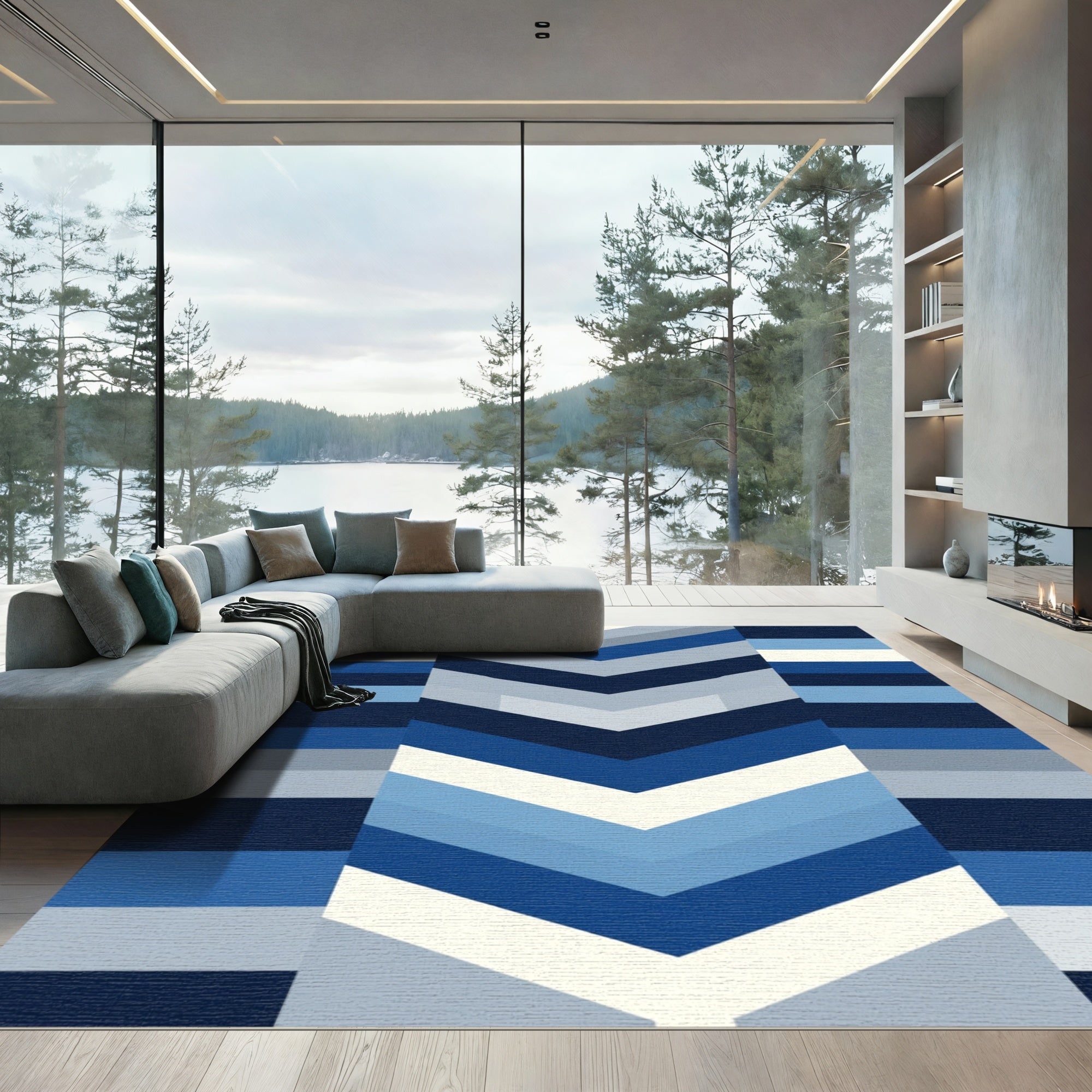 Deep Blue Chevron Geometric Stripes Rug