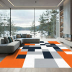 Geometric Orange White Navy Block Rug