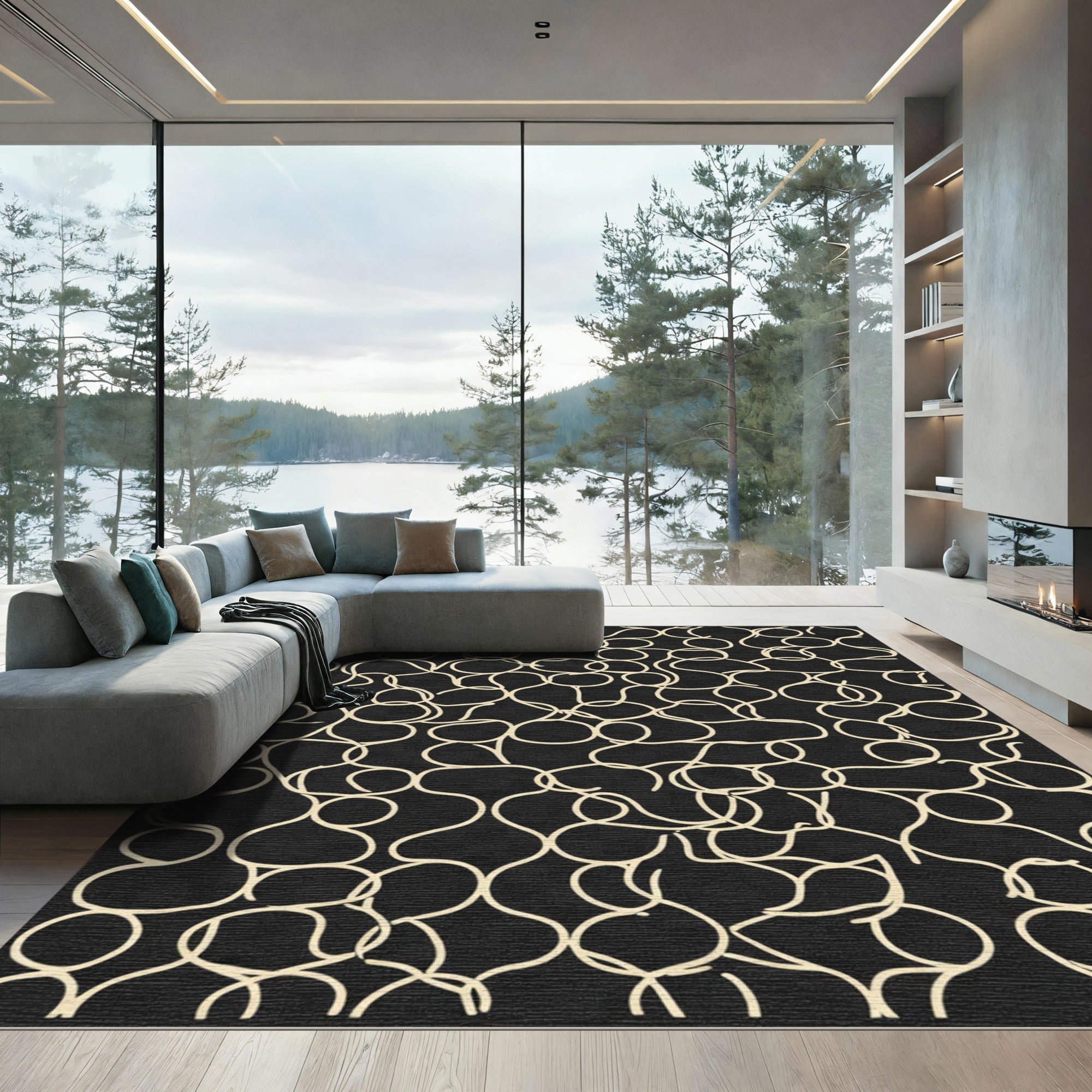 Cream Abstract Swirls Black Rug