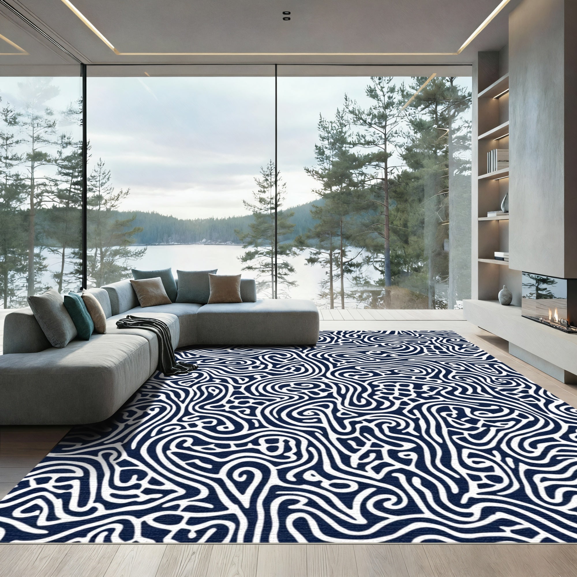 Deep Blue White Abstract Linear Maze Rug