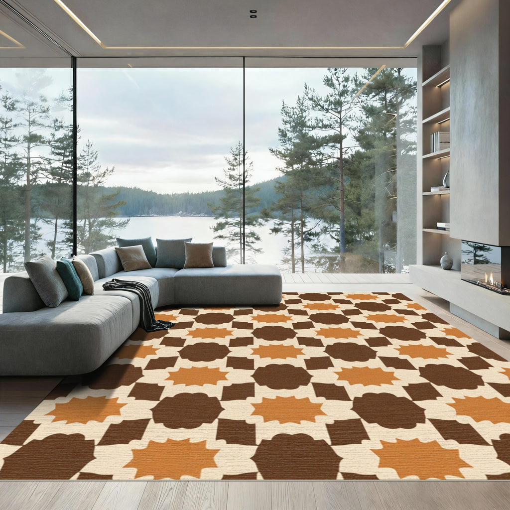 Mid Century Brown Ochre Geometric Starburst Rug