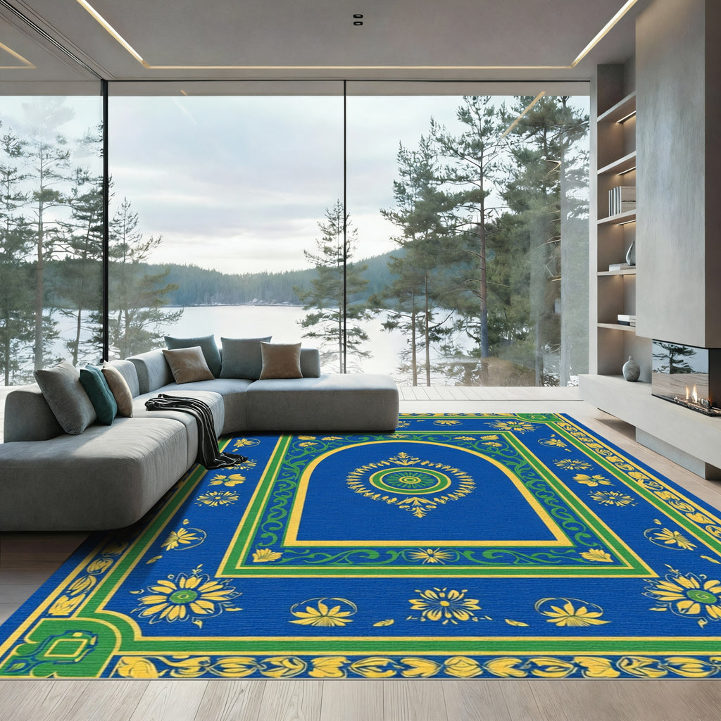 Royal Blue Yellow Green Floral Medallion Rug