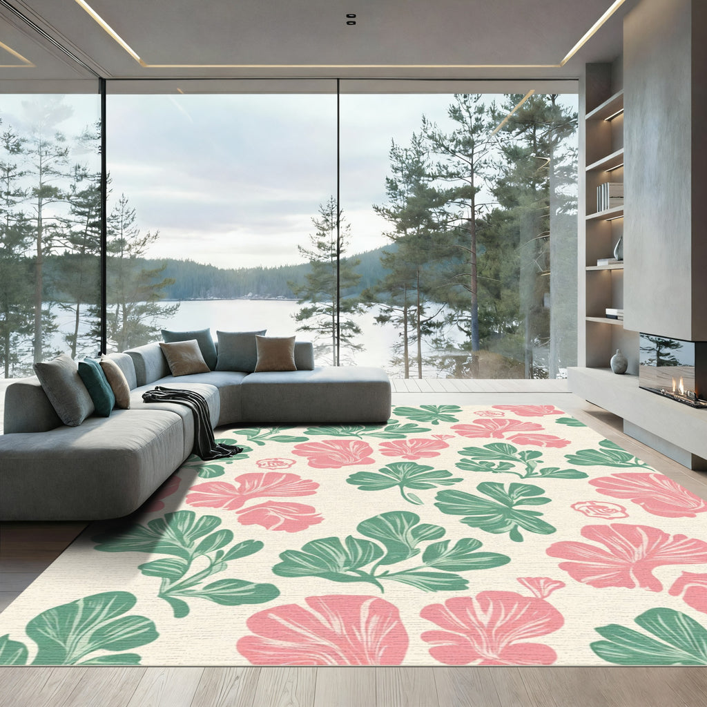 Pink Green Floral Botanical Repeat Rug