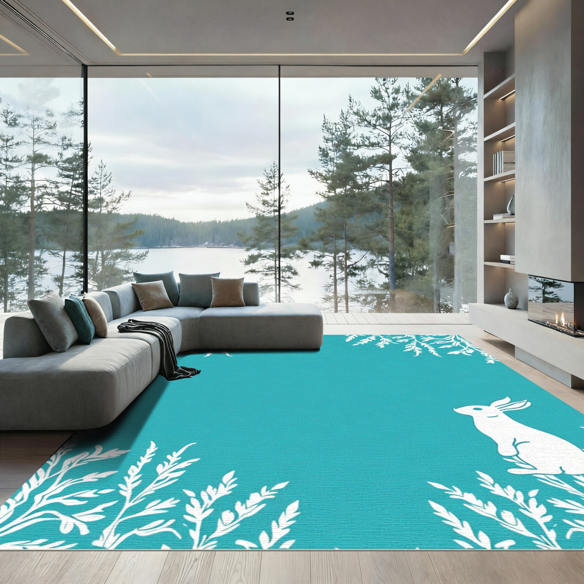 Turquoise White Hare Floral Border Rug