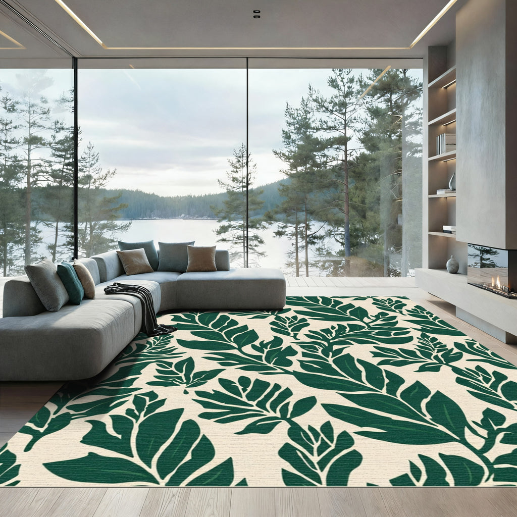 Emerald Green Tropical Leaf Pattern Rug