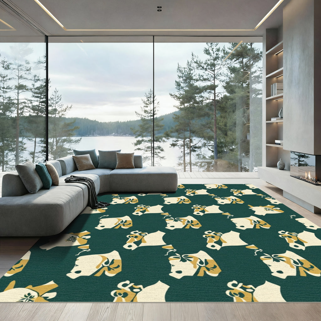 Cream Ox Head Dark Green Pattern Rug