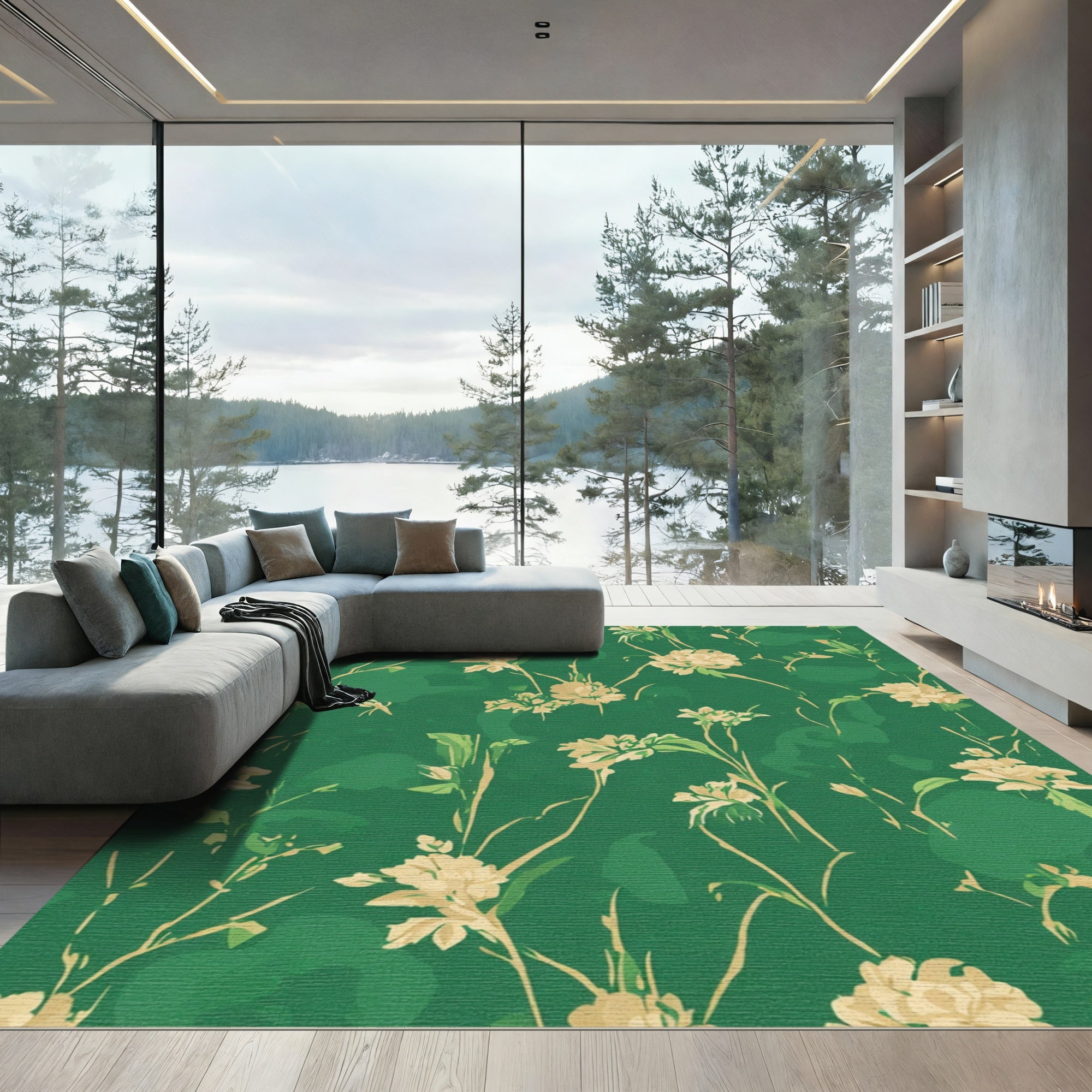 Cream Floral Vine Emerald Background Rug