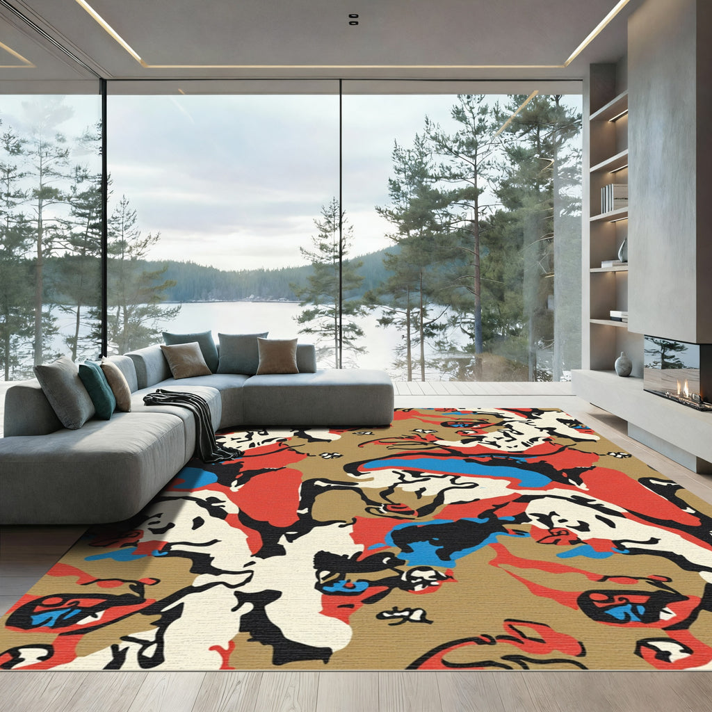 Red Blue Tan Abstract Camouflage Rug