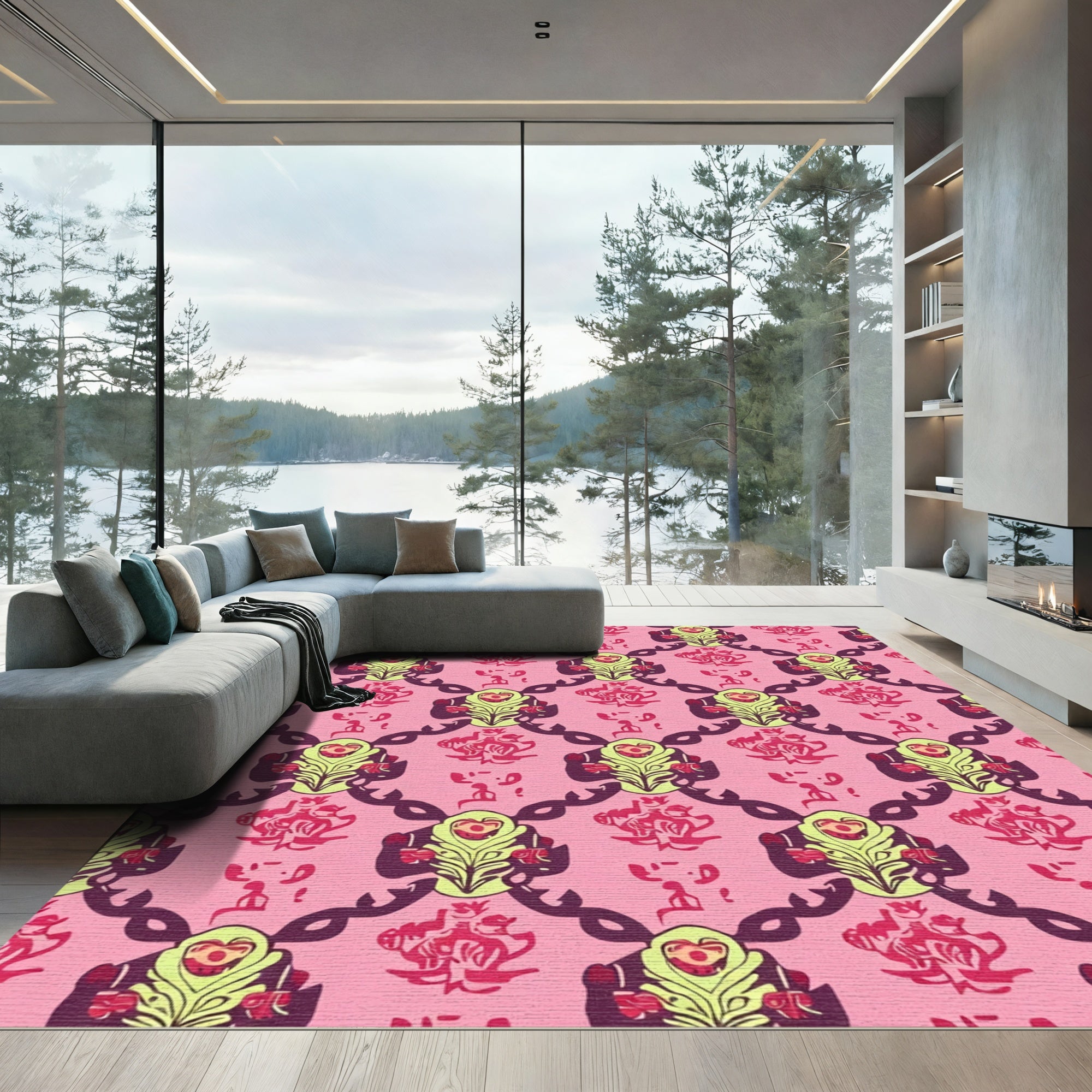 Pink Lilac Floral Medallion Lattice Rug