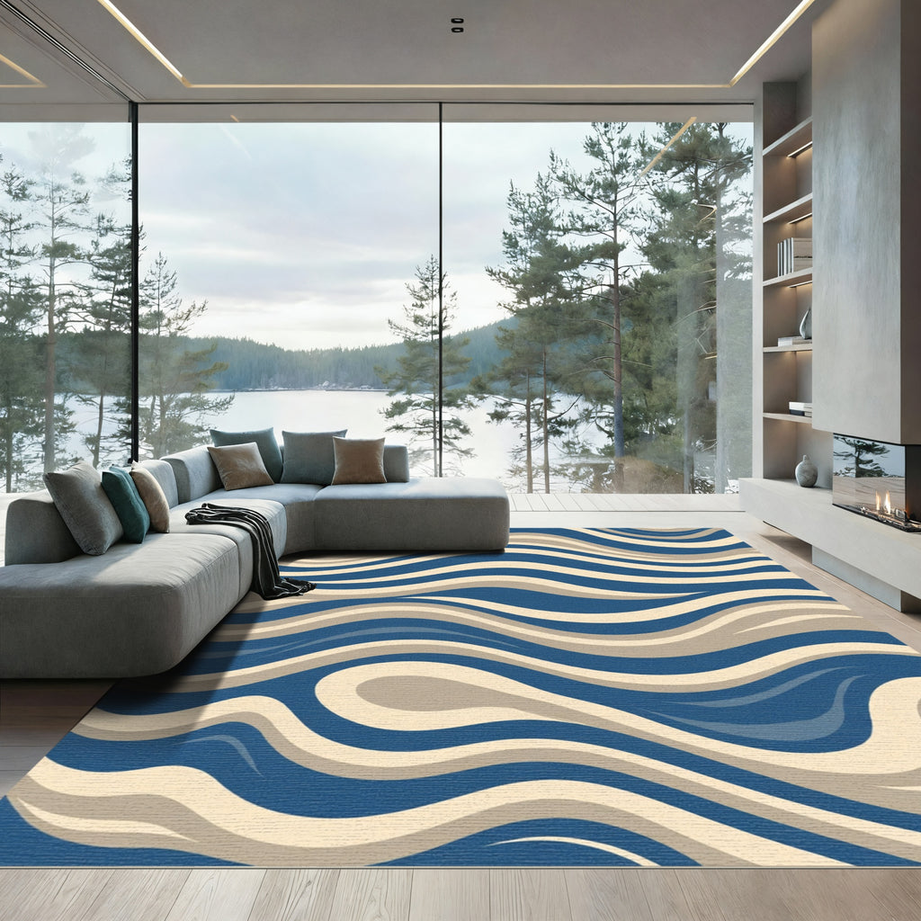 Deep Blue Beige Swirling Lines Rug