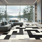 Modern Black White Geometric Rectangles Rug
