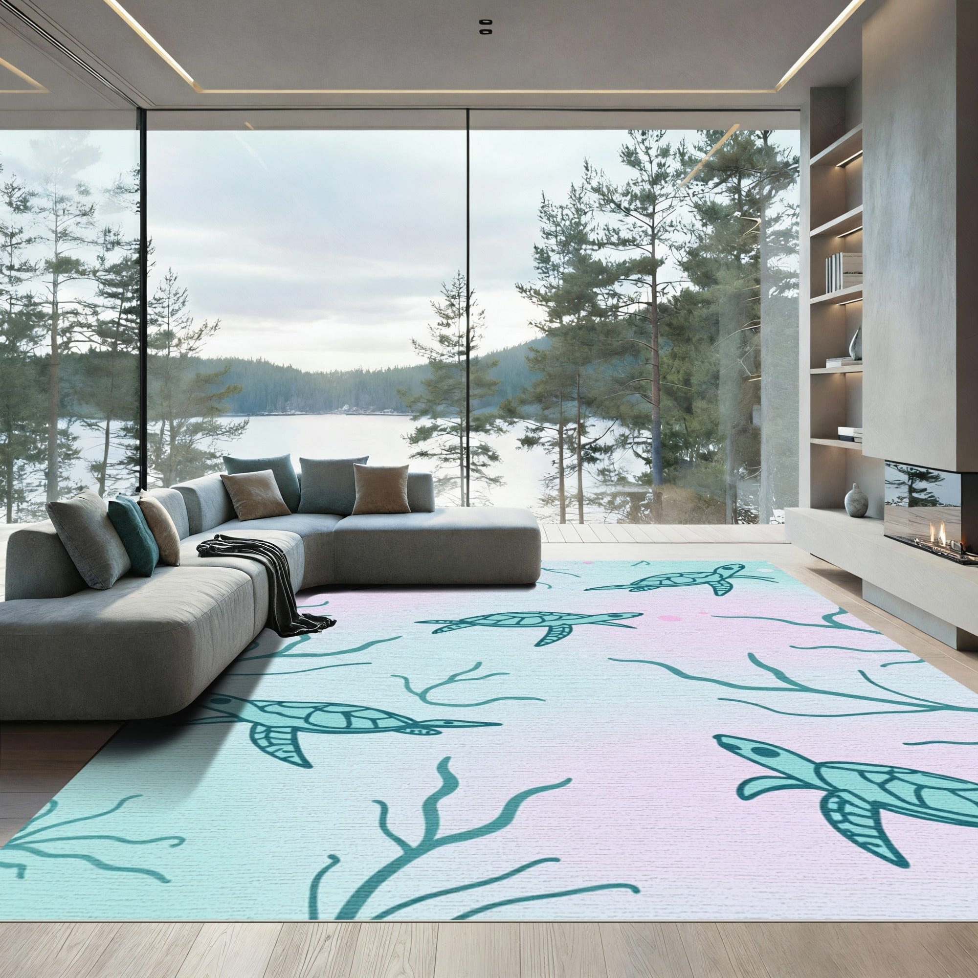 Serene Teal Turtles Coral Gradient Rug