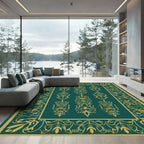 Emerald Gold Floral Damask Frame Rug