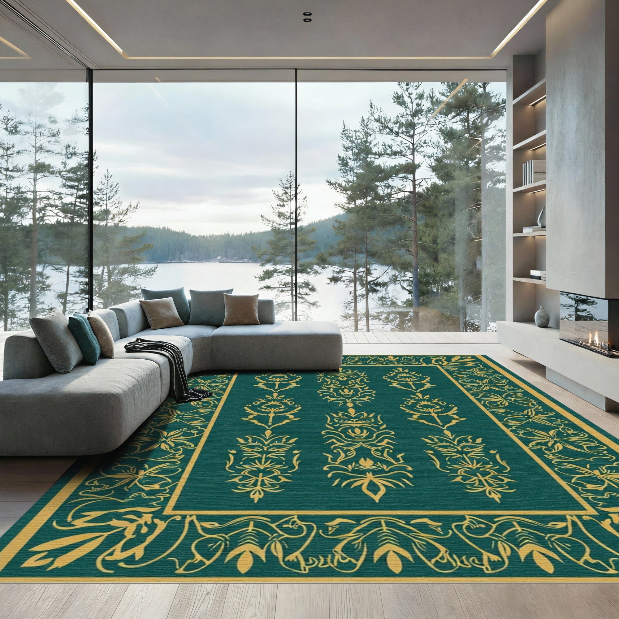 Emerald Gold Floral Damask Frame Rug