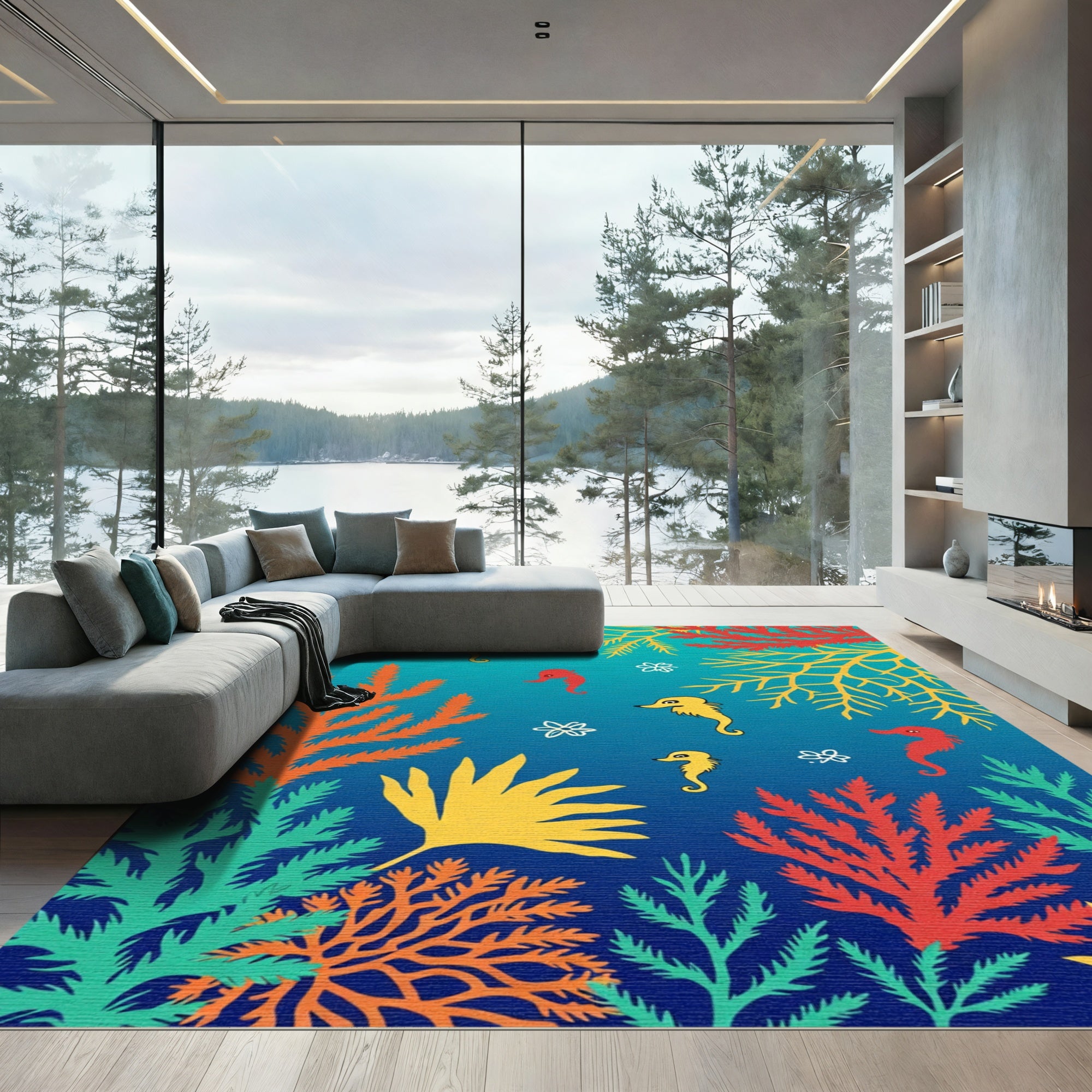 Coral Seahorse Turquoise Ocean Theme Rug