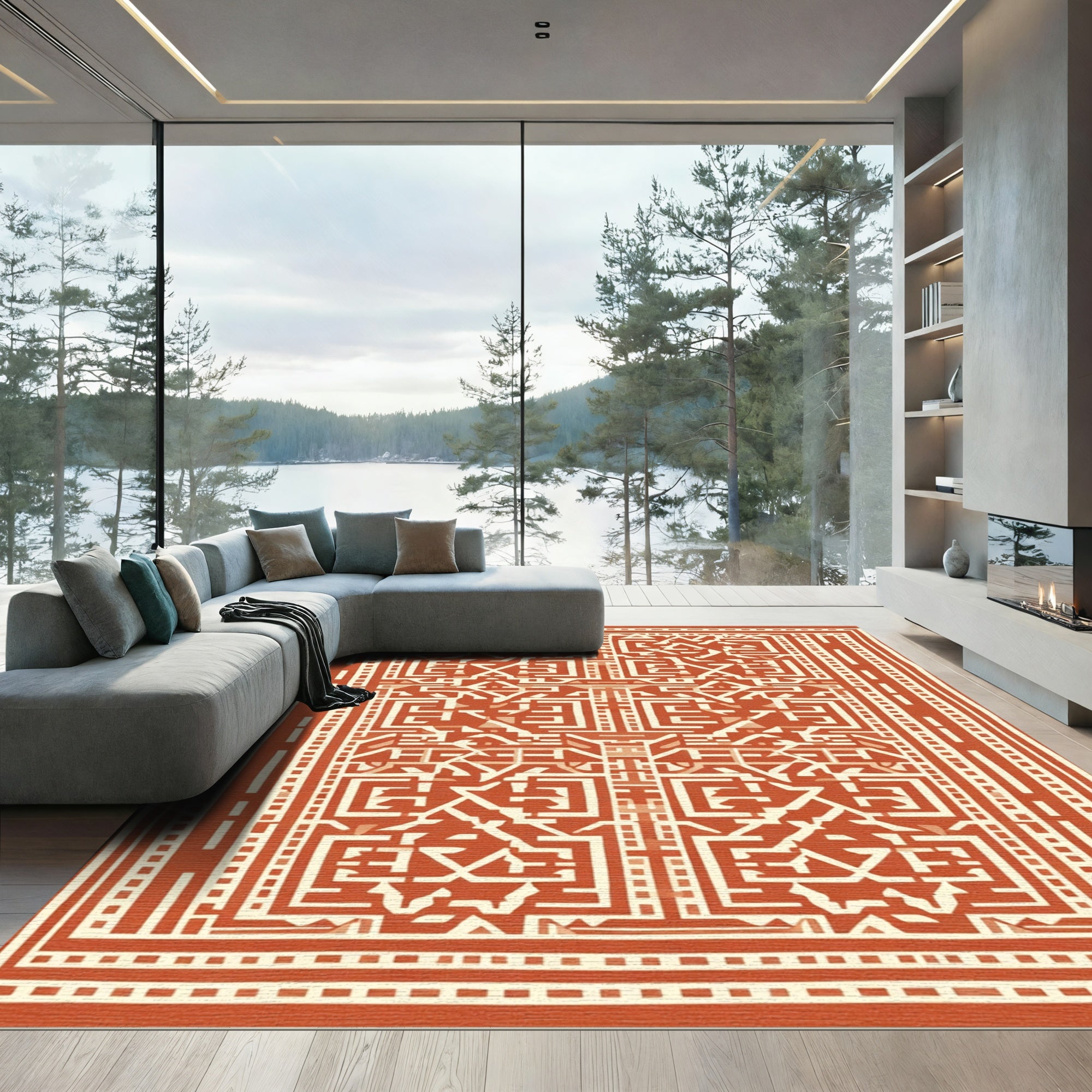 Terracotta Textured Geometric Maze Rug