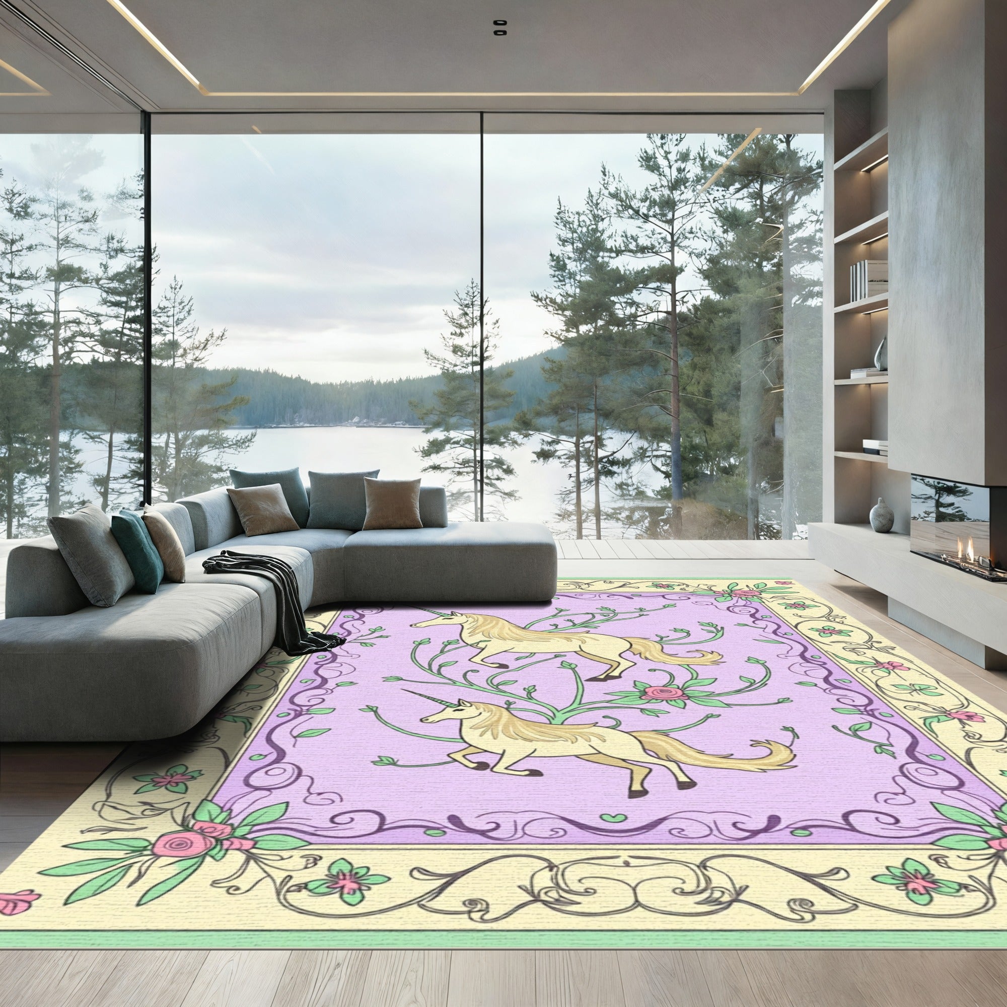 Whimsical Light Yellow Unicorn Garden Rug