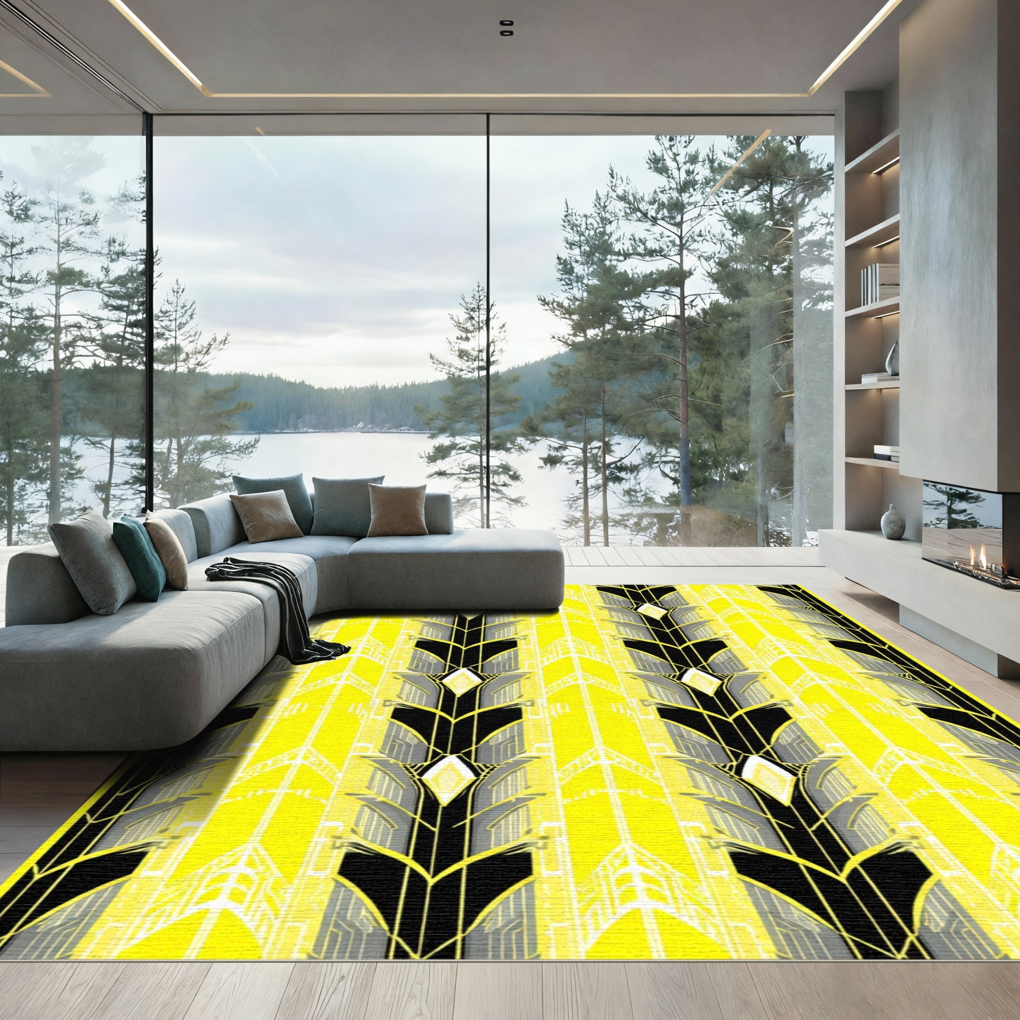 Art Deco Yellow Black Diamond Forms Rug