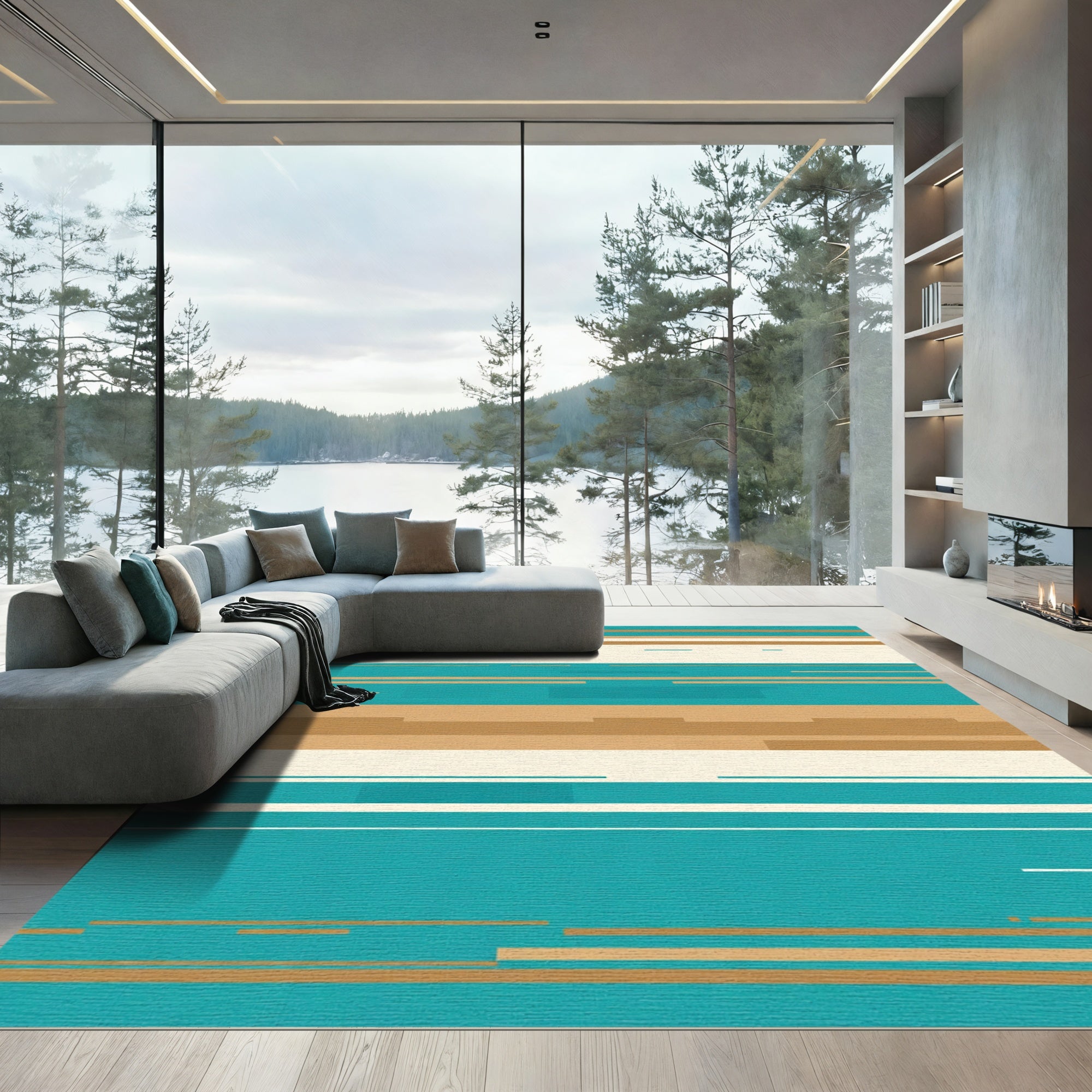 Teal Beige Abstract Stripe Rug