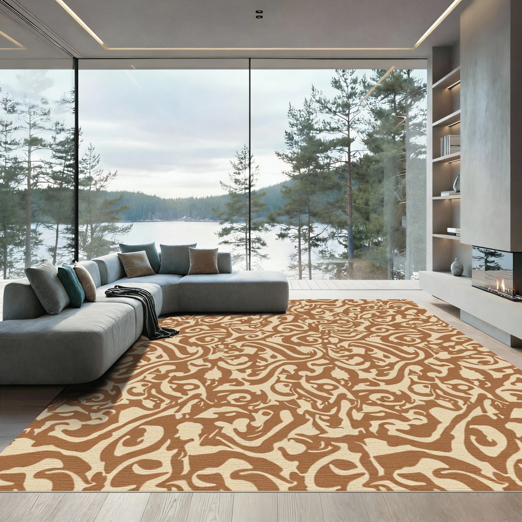 Rustic Amber Swirl Abstract Rug