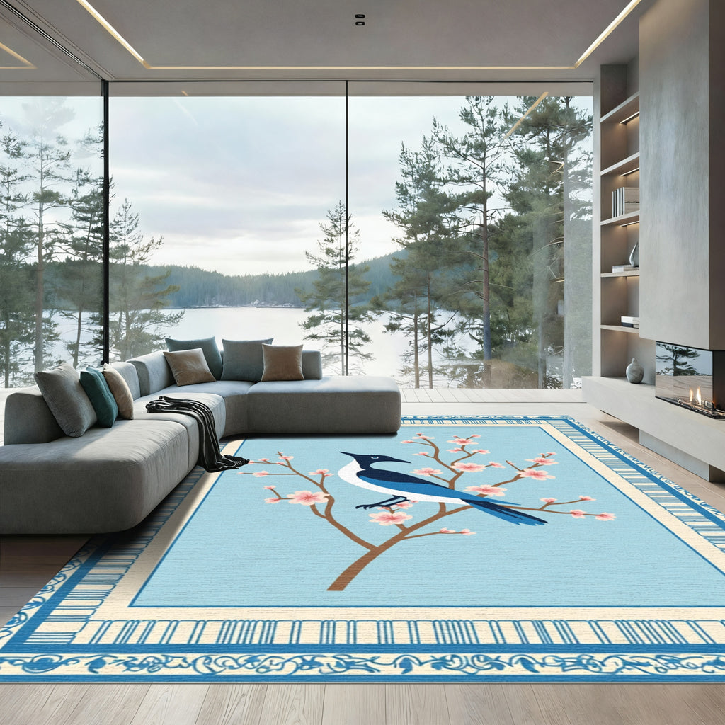 Blue Bird Cherry Blossom Scene Rug