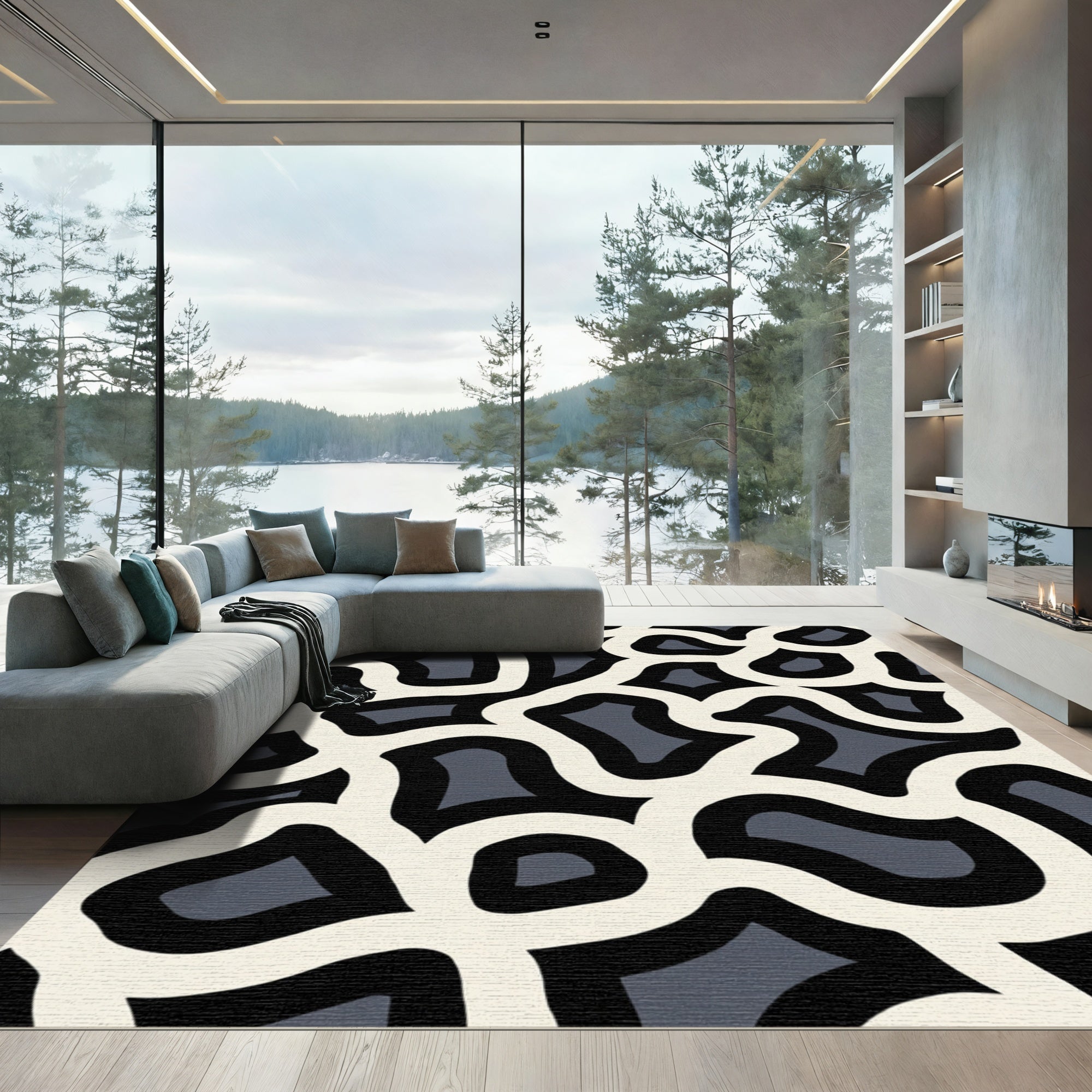 Organic Cream Black Grey Flow Rug