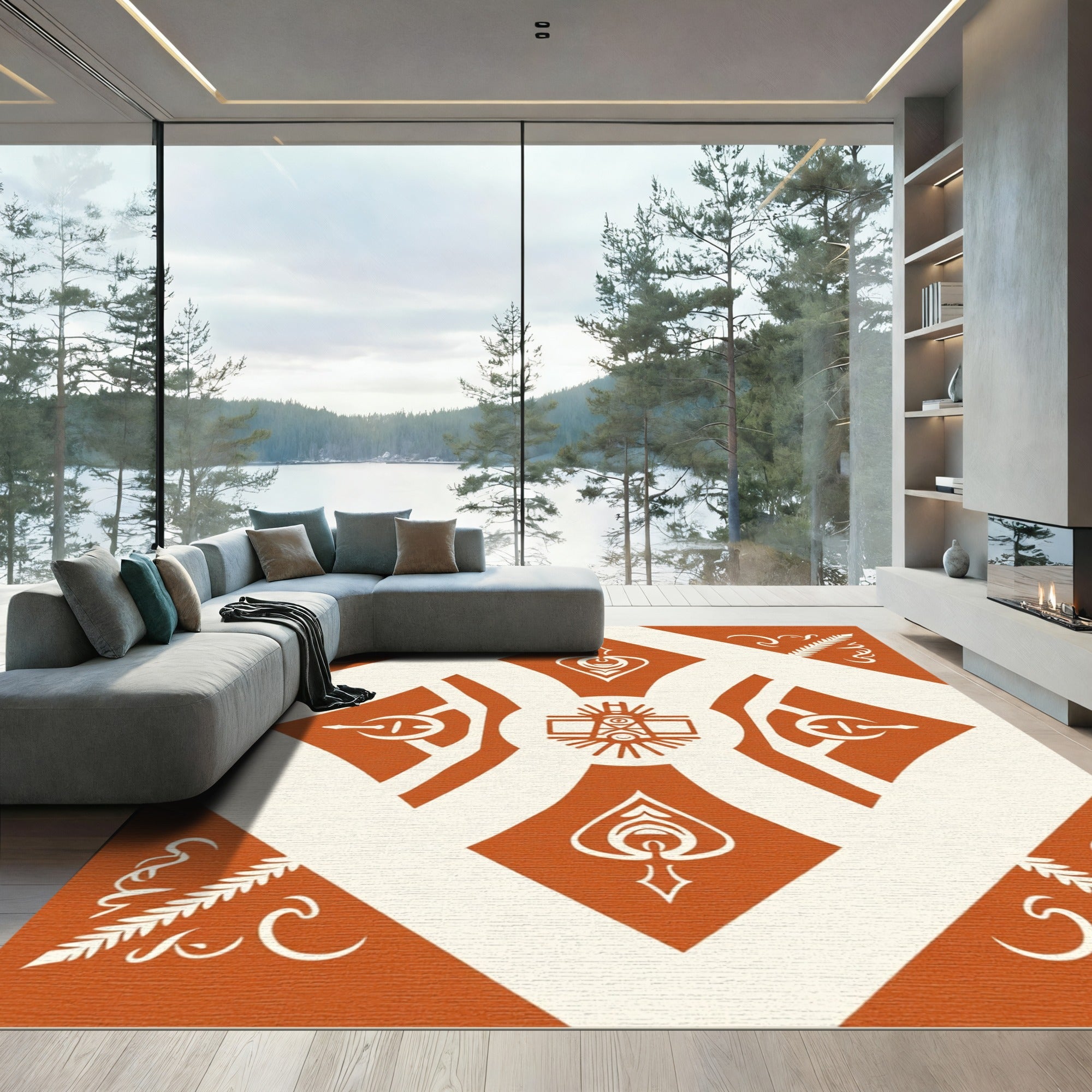 Rustic Orange Cream Abstract Geometric Rug