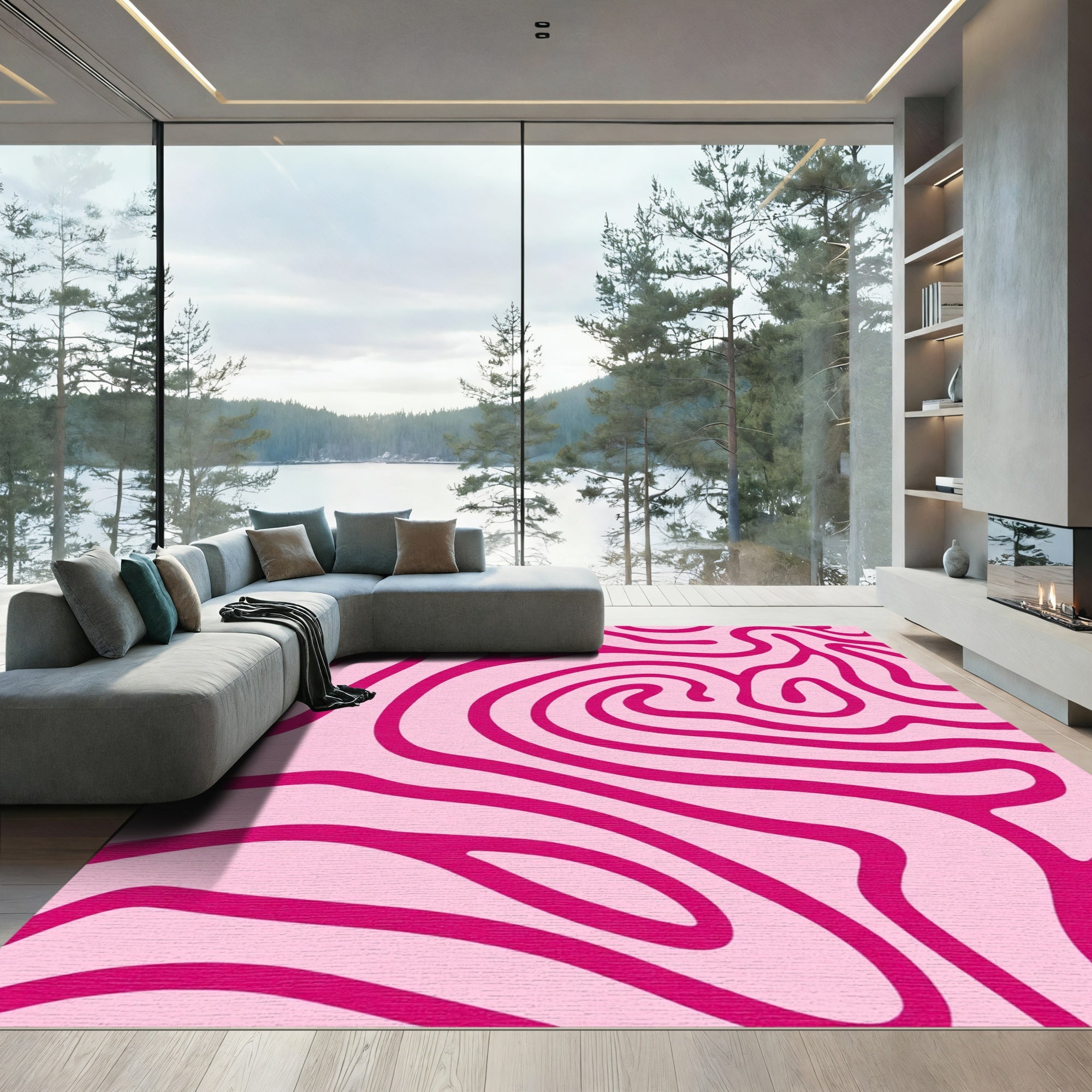 Pink Swirls Abstract Line Art Rug