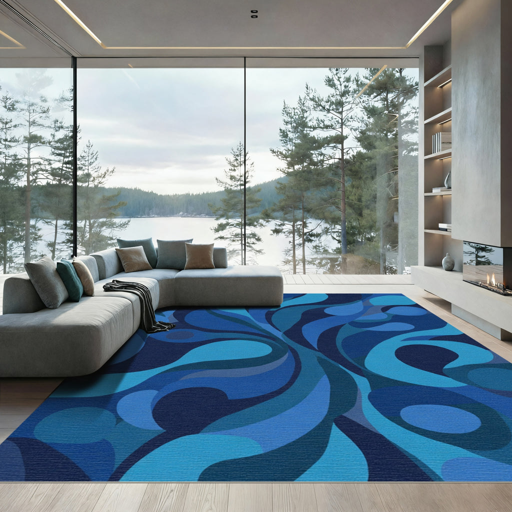 Deep Blue Swirling Fluid Abstract Rug
