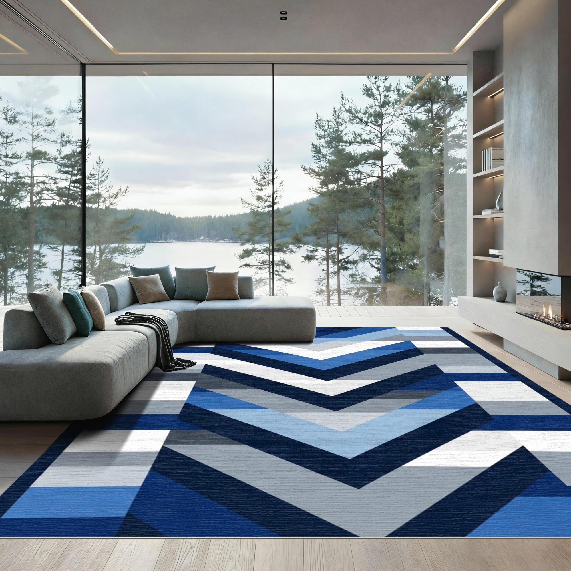 Modern Blue Chevron Gradient Rug