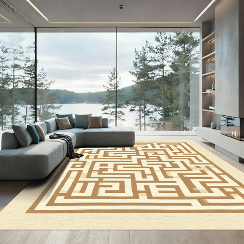 Abstract Beige Maze Geometric Rug