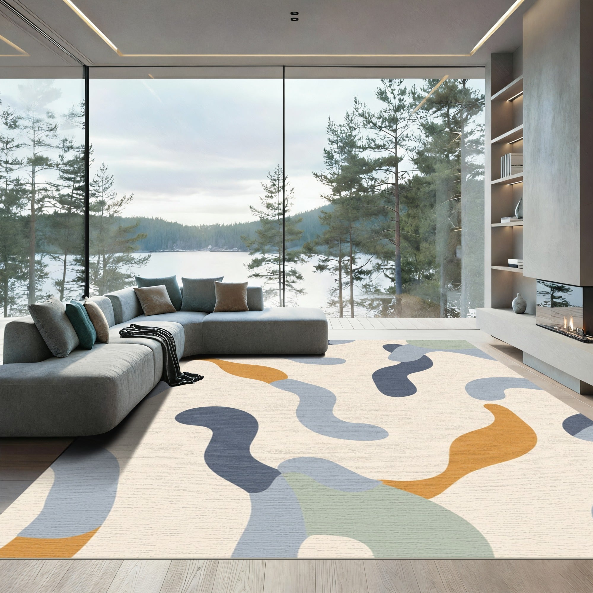 Abstract Ochre Blue Cream Shapes Rug