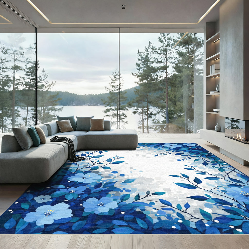 Ocean Blue Floral Branch Art Rug