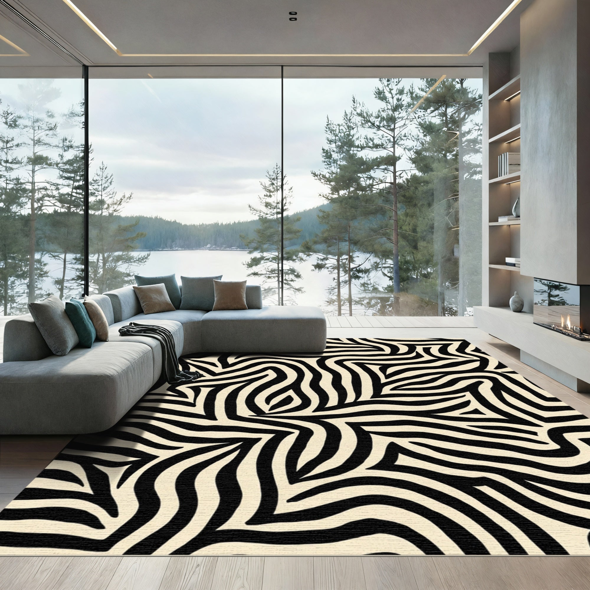 Black Cream Animal Print Abstract Rug