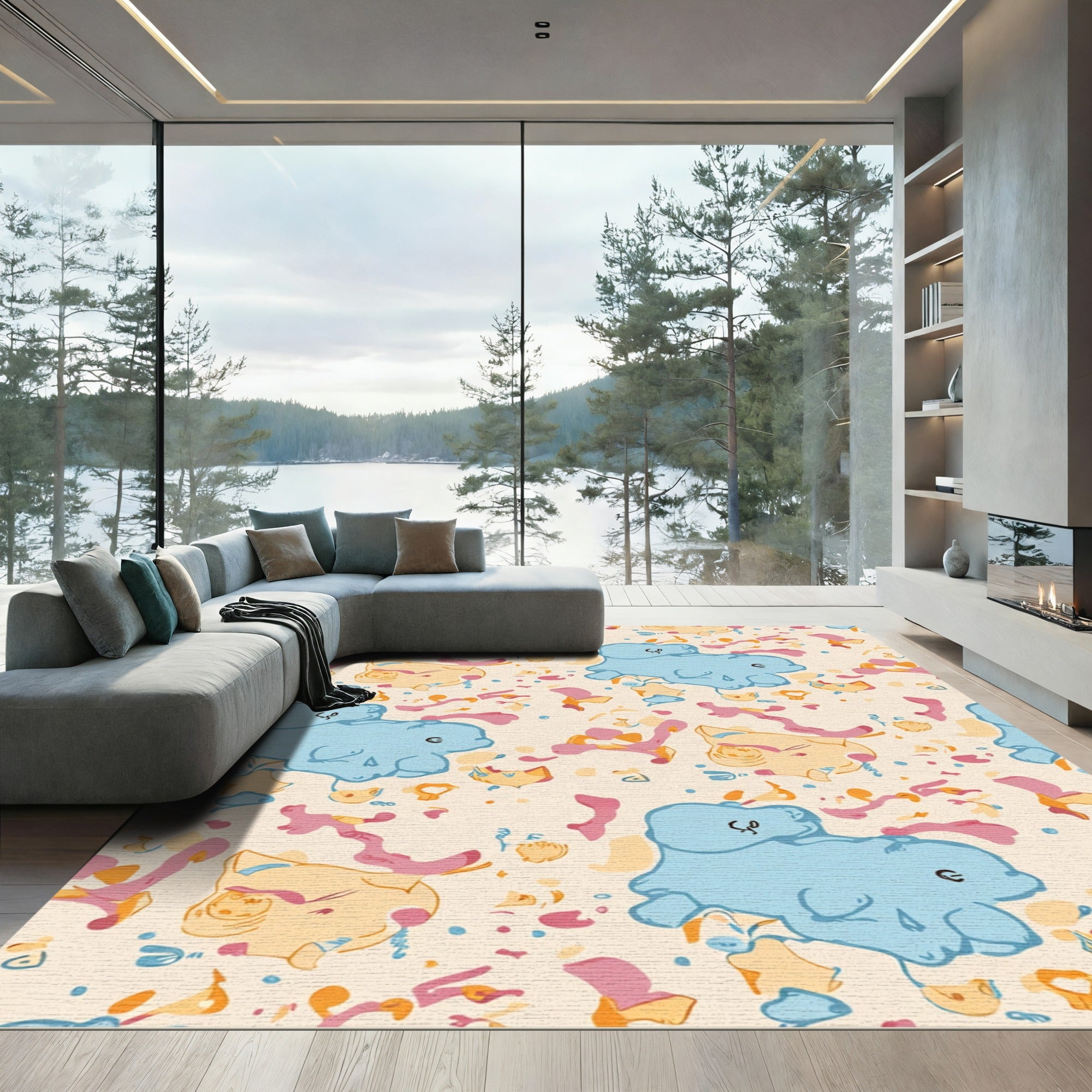 Whimsical blue cat shapes with abstract splashes Rug