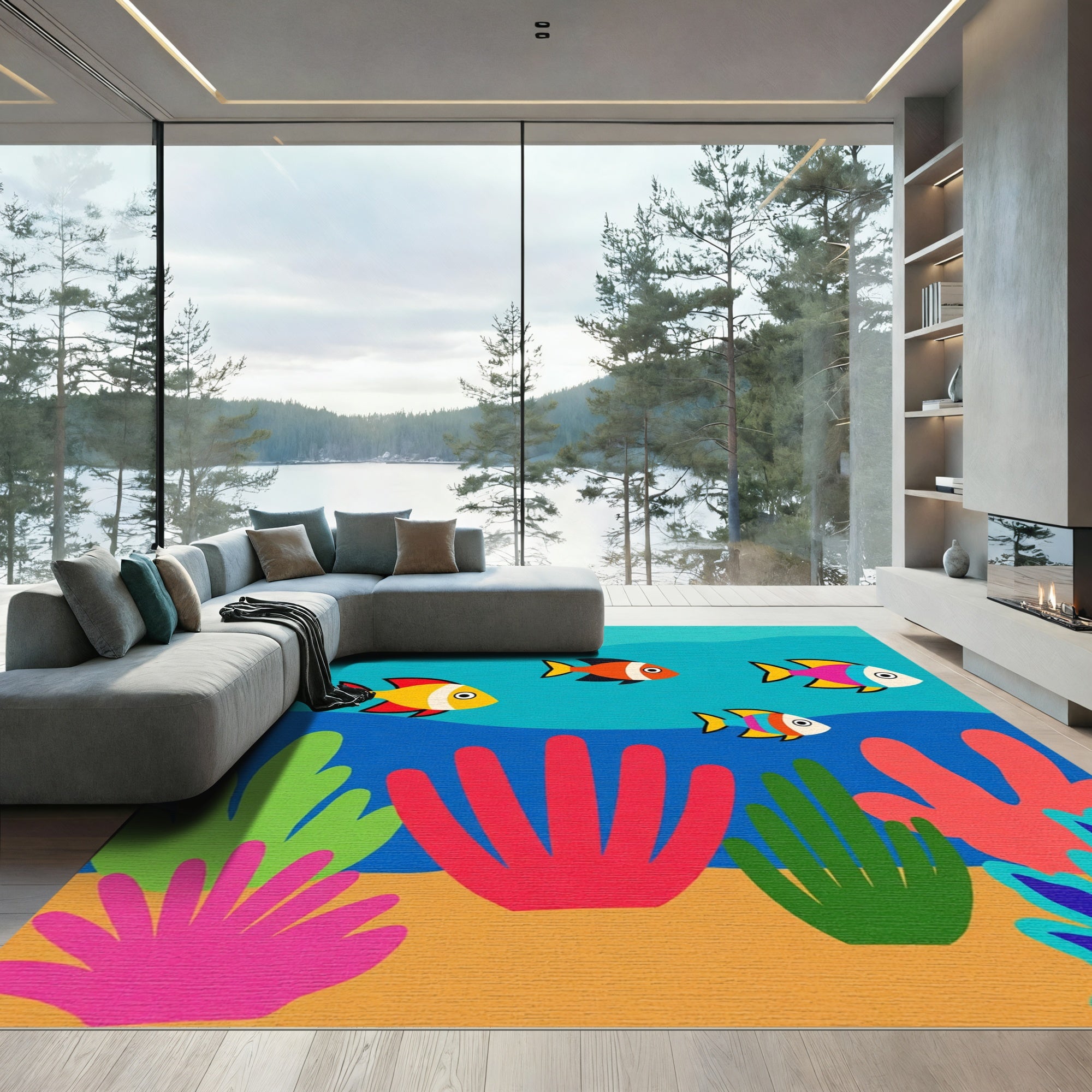 Colorful Underwater Coral Fish Scene Rug