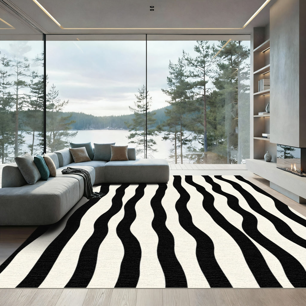Black White Wavy Stripe Rug