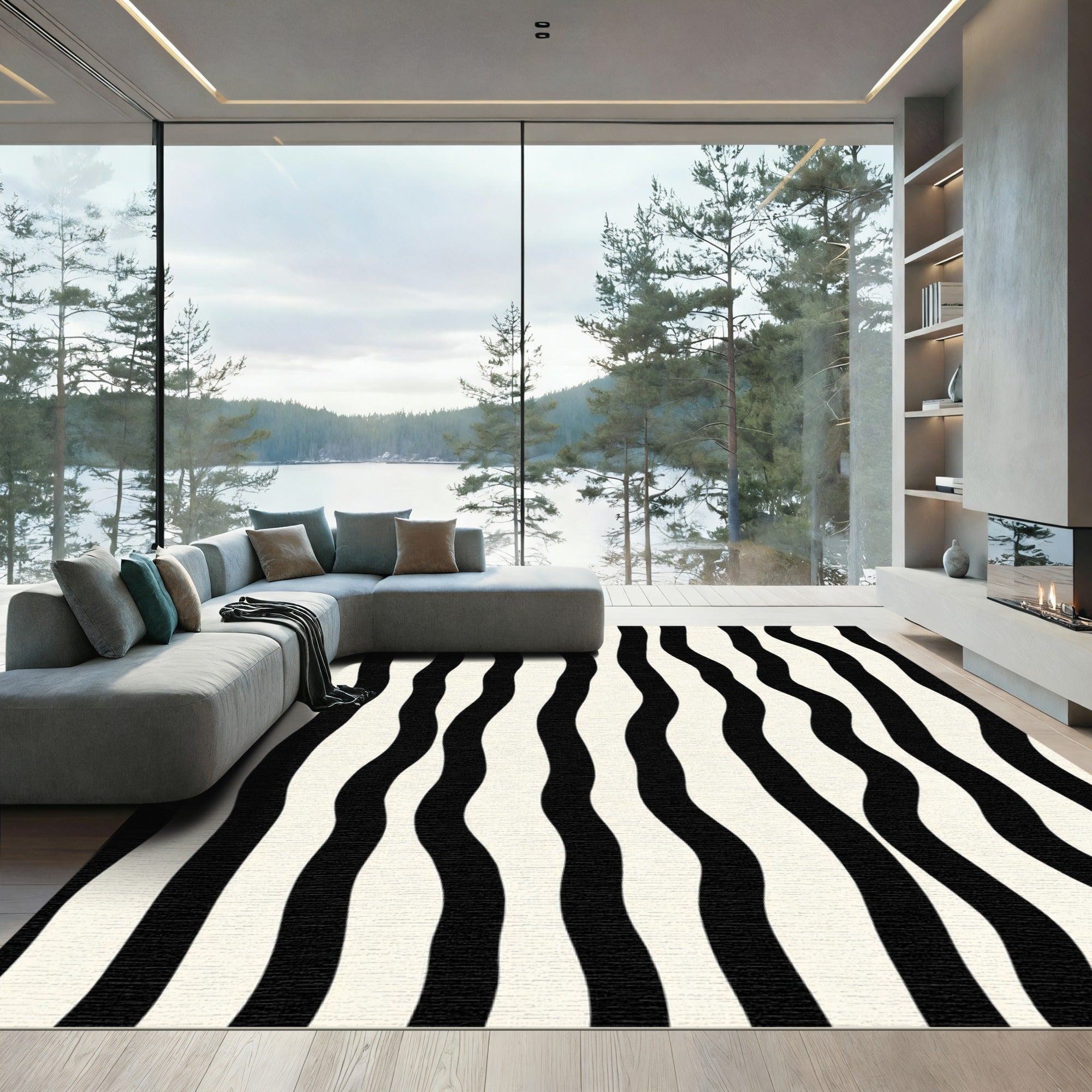 Black White Wavy Stripe Rug