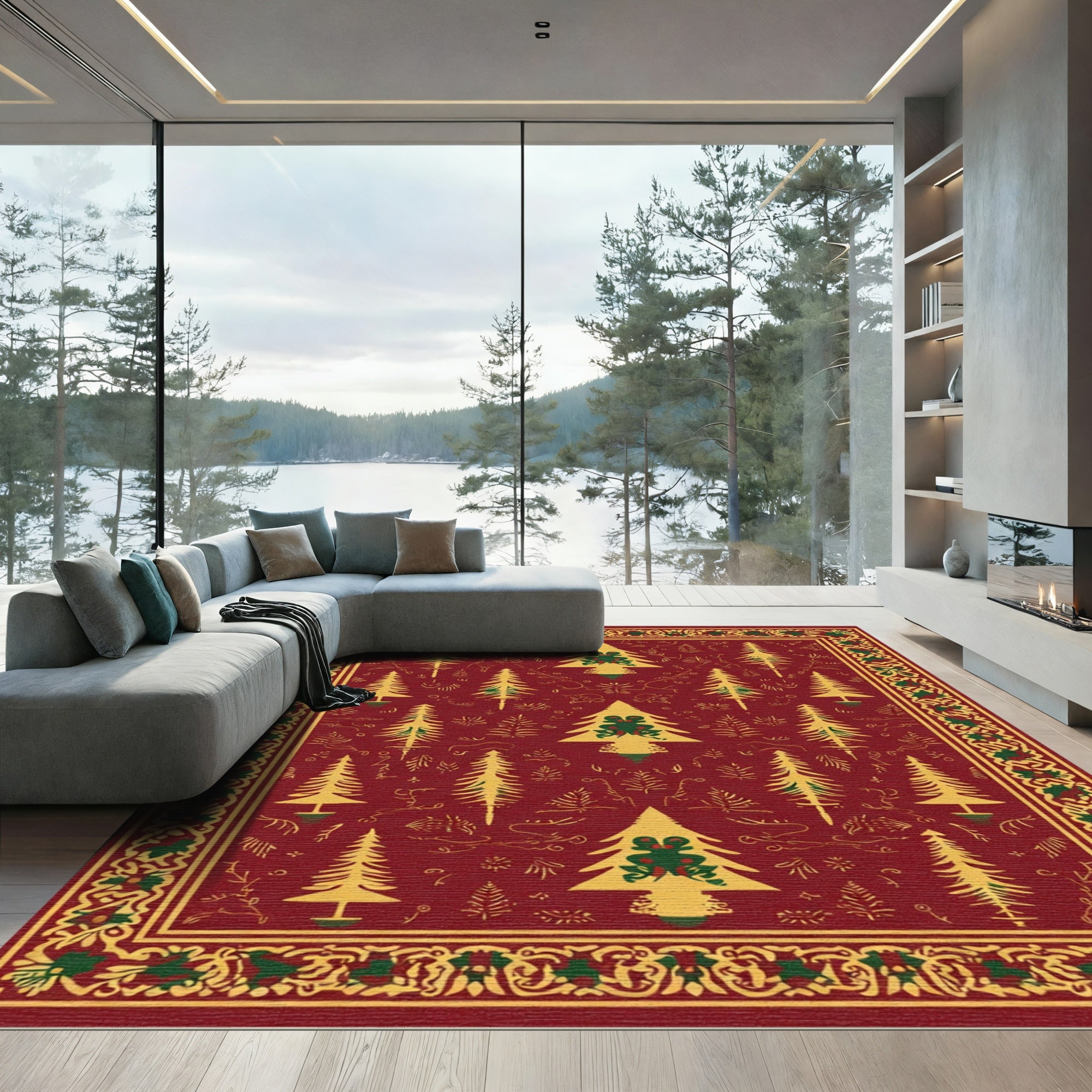 Festive Red Pine Forest Border Rug