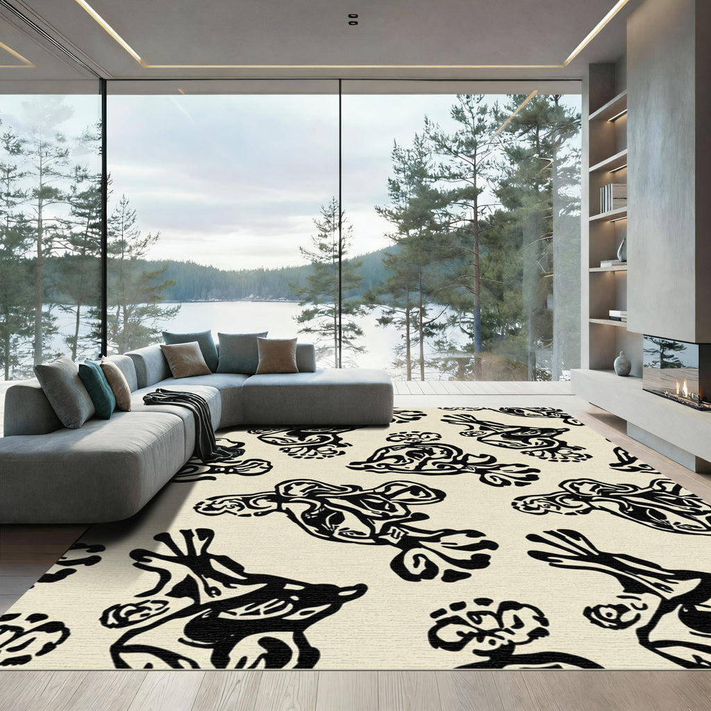 Black Cream Abstract Bird Art Rug