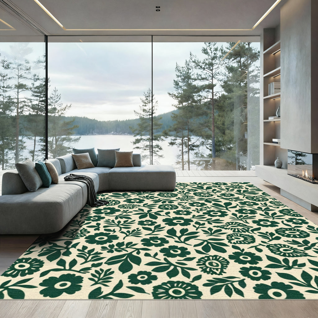 Dark Green Floral Garden Cream Rug