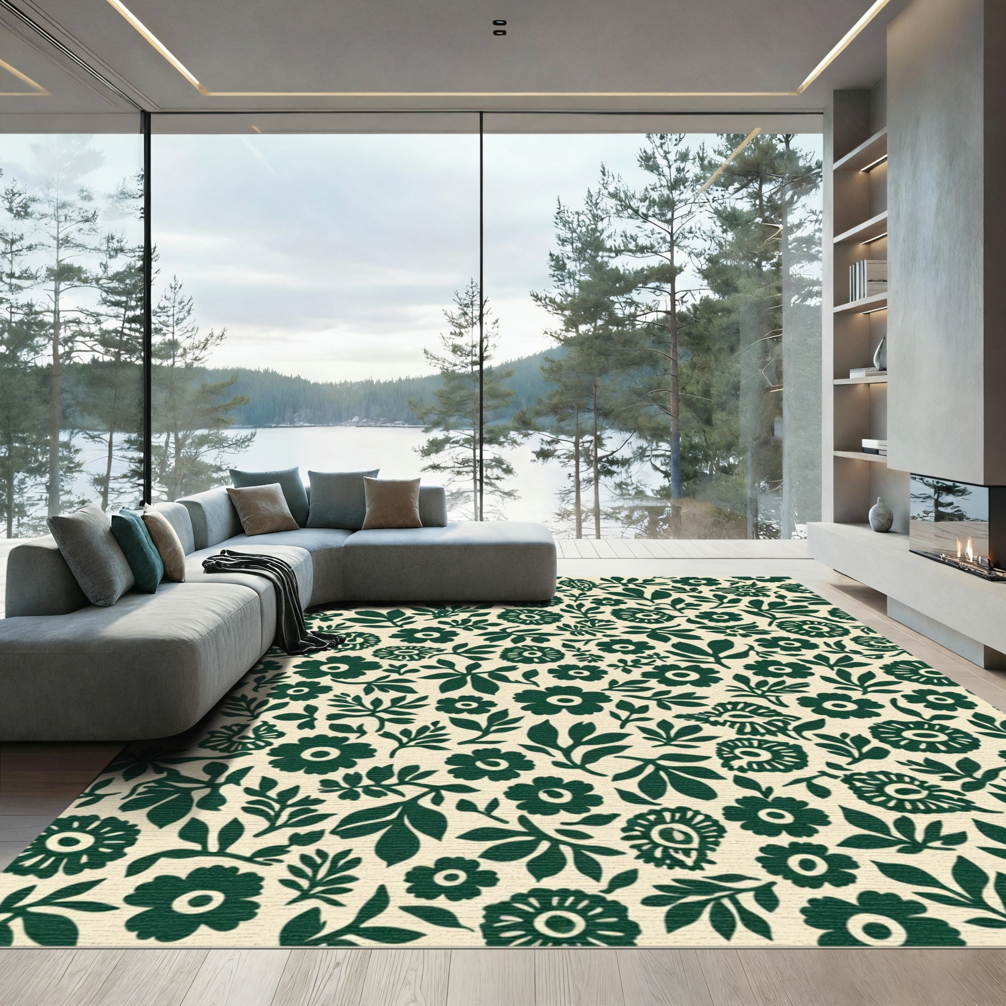 Dark Green Floral Garden Cream Rug