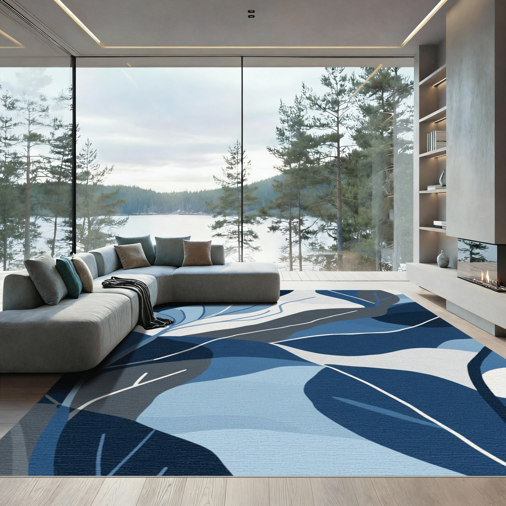 Deep Blue Abstract Leafy Landscape Rug