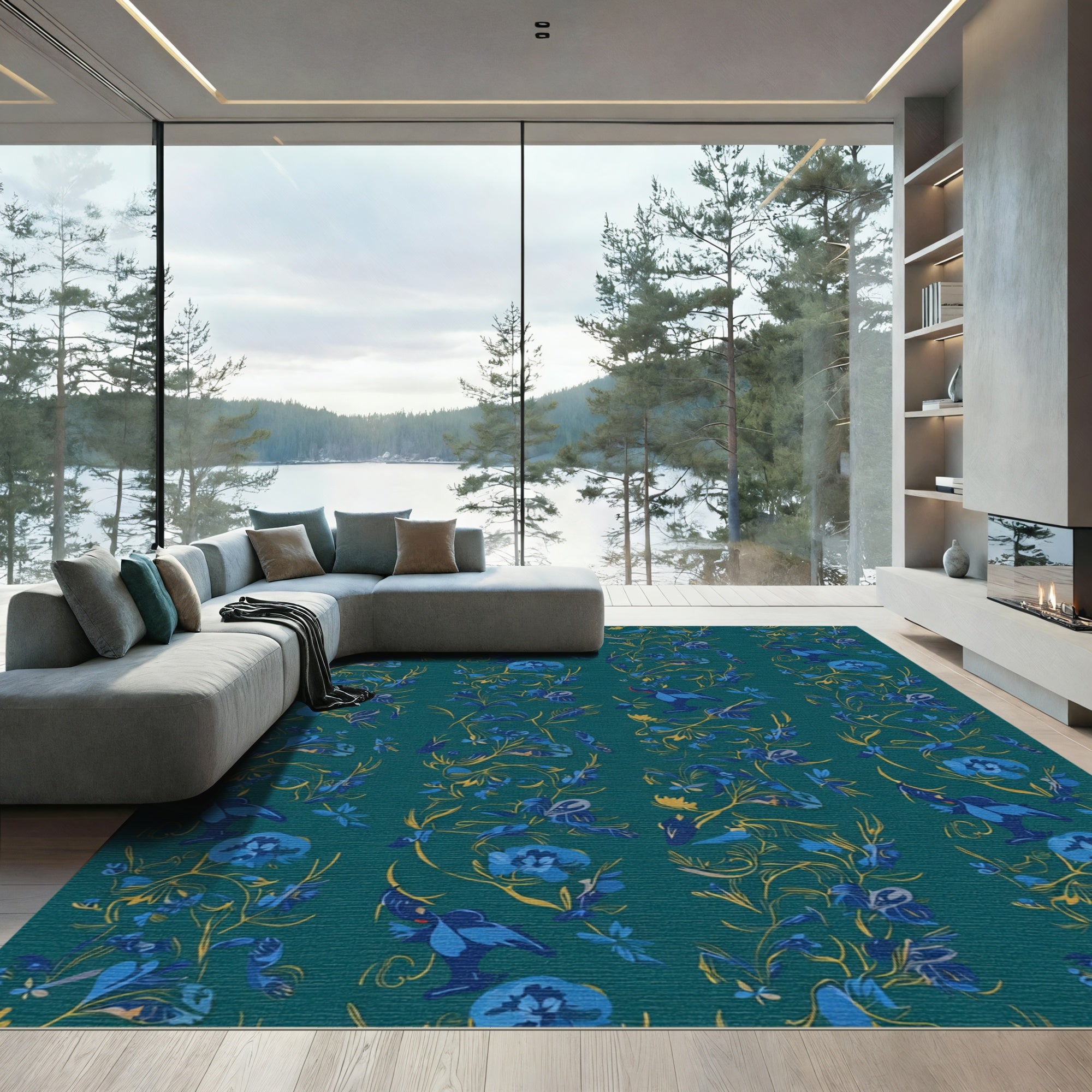 Emerald Blue Bird Floral Vine Rug