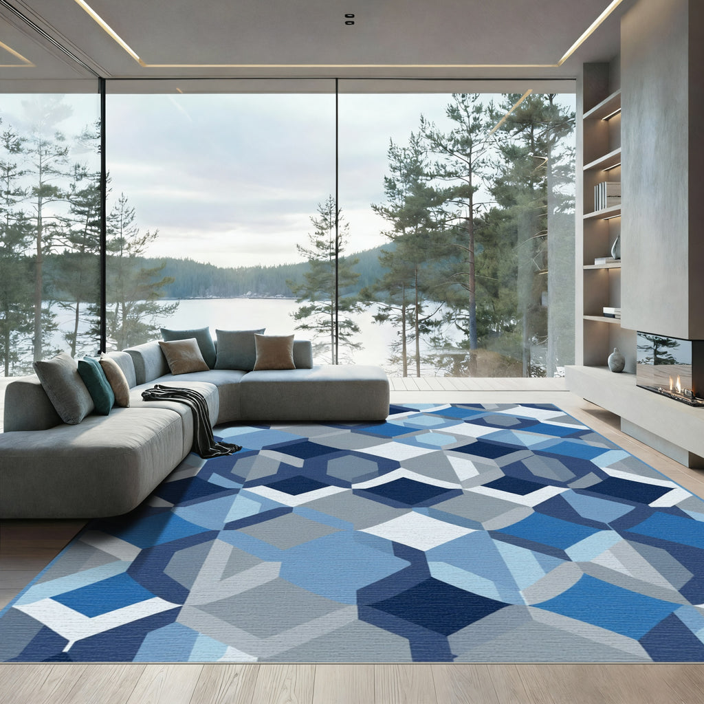 Shades Blue Geometric Interlocking Shapes Rug