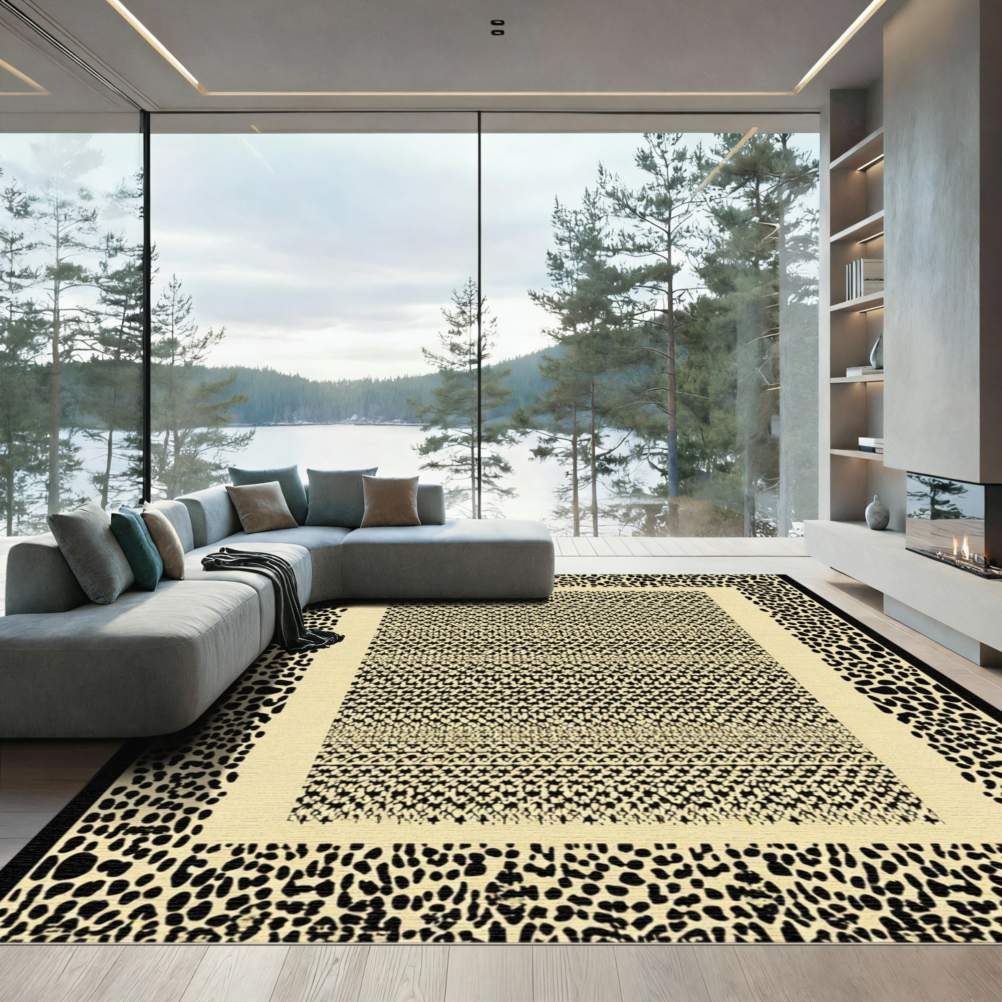 Minimalist Leopard Print Border Cream Rug