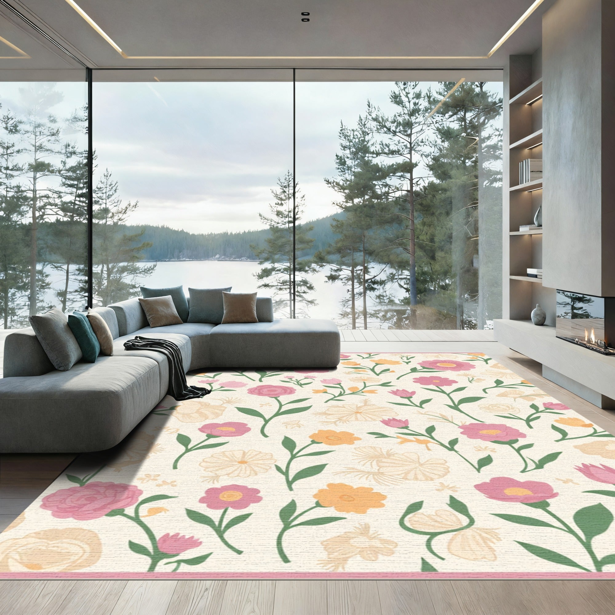 Pink Yellow Cream Floral Garden Bloom Rug