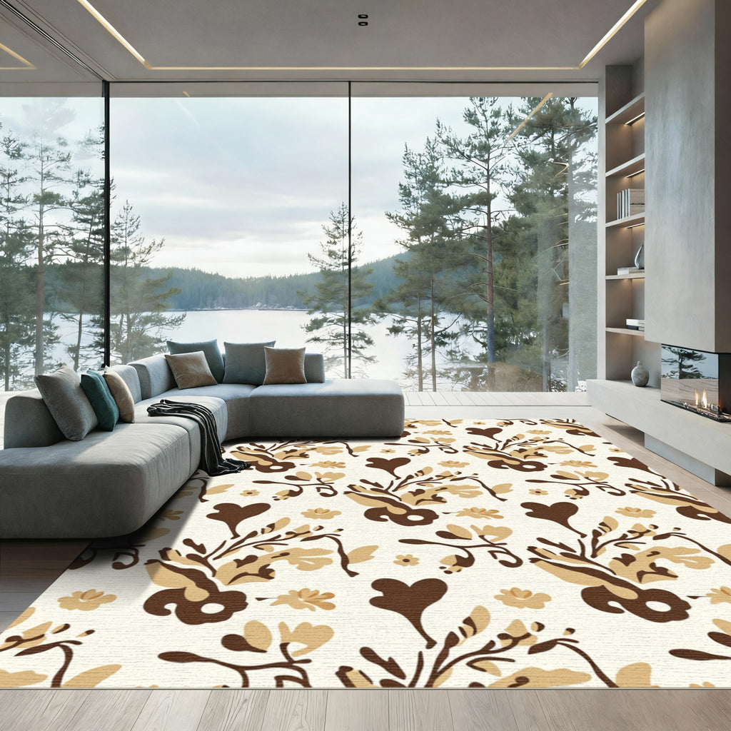 Brown Tan Heart Floral Scroll Rug