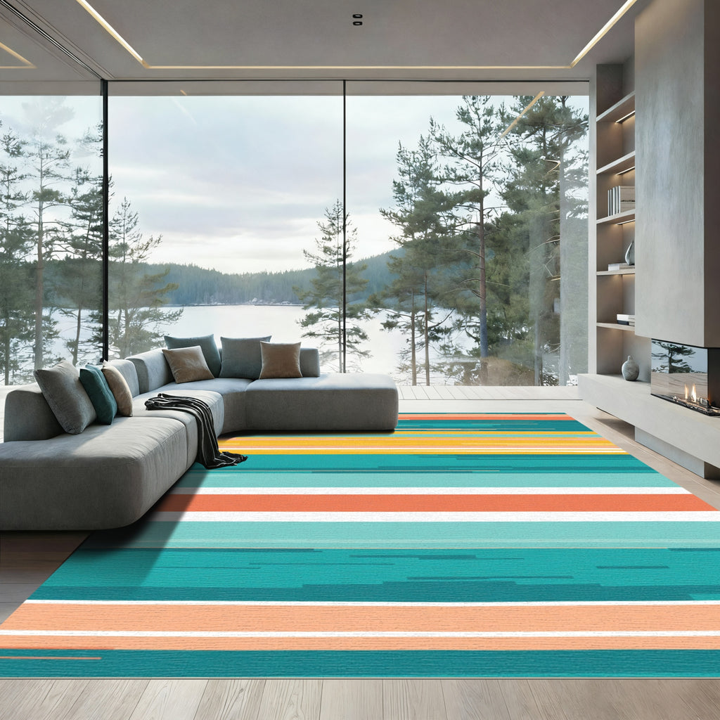 Aqua Coral Yellow Horizontal Stripe Rug