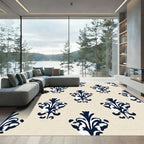 Dark Blue Damask Floral Crest Rug